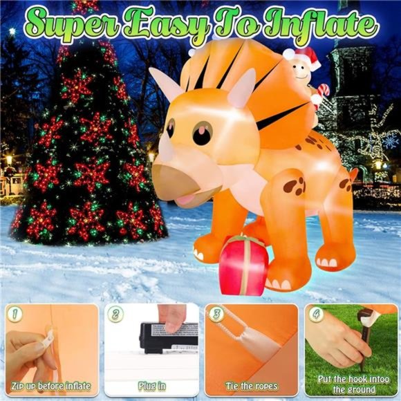Dinosaur Christmas Inflatable, 8 Ft Blow up Triceratops with 6 Built-in LED - Picture 5 of 6